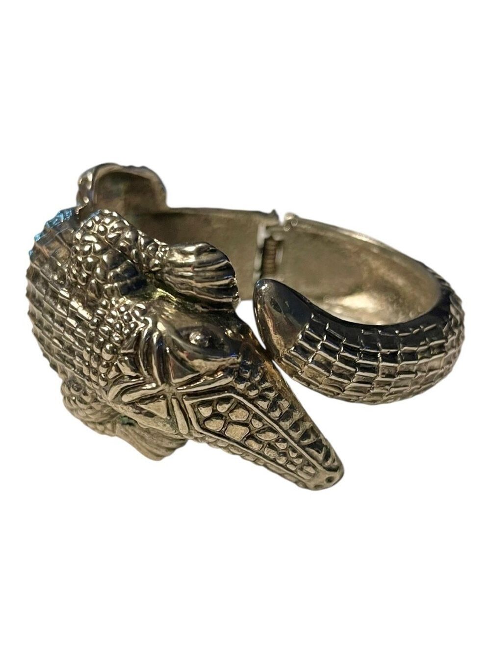 Alligator Hinged Cuff Large Bracelet, Dark Heavy Realistic Detail Silver Metal.